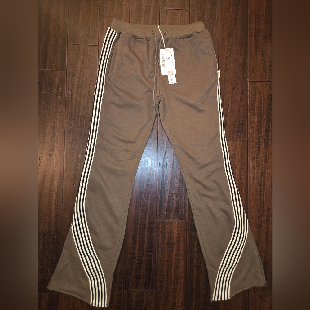 Byks Olive Flare Leg Track Jogger Pants with White Stripes Sz XL